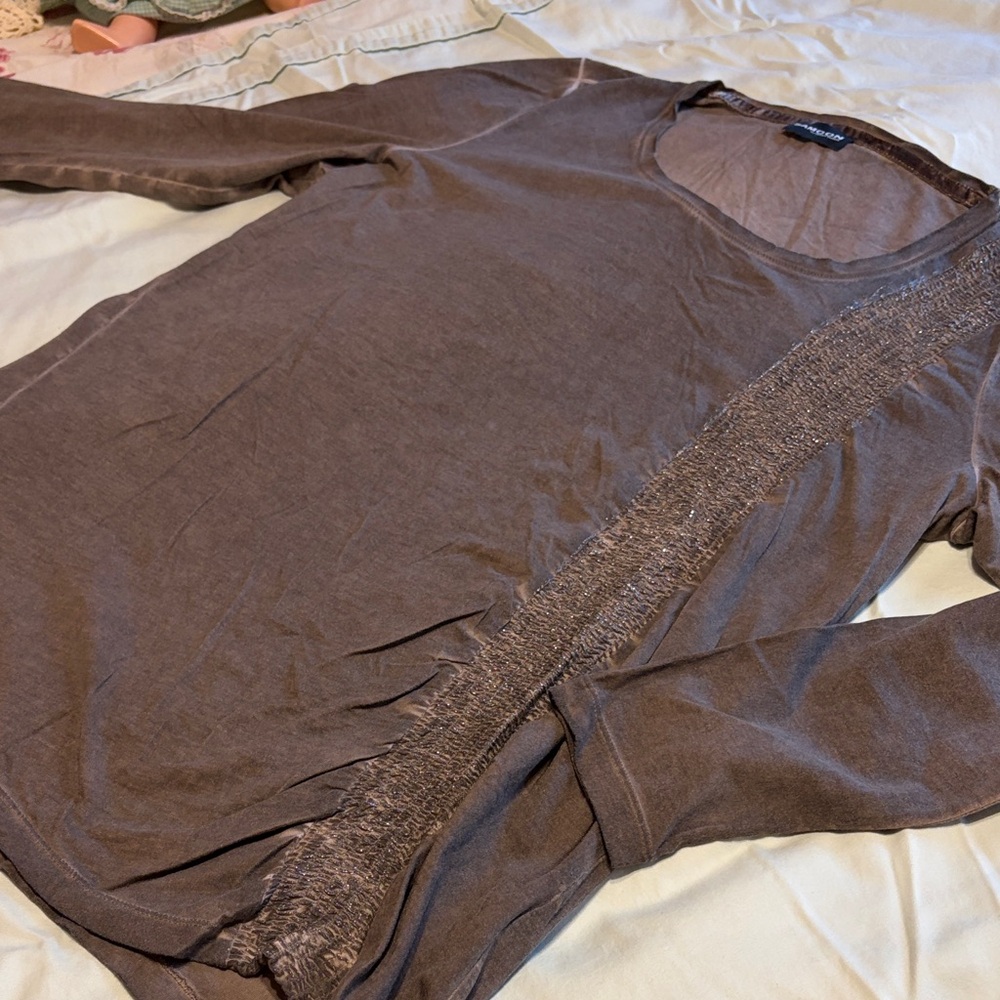 Brown Long Sleeve Top with Fringe Detail